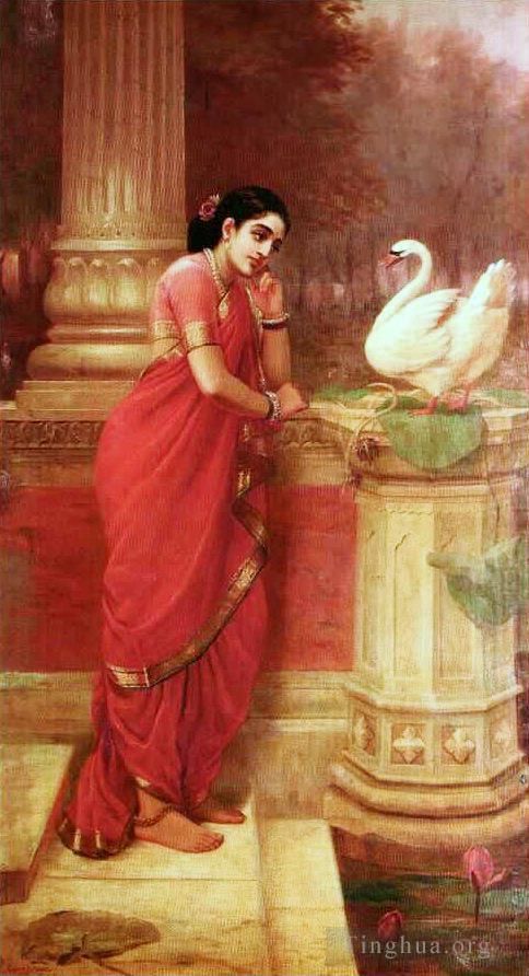 Râja Ravi Varmâ Peinture à l'huile - La princesse Damayanthi parle de Nala avec Royal Swan