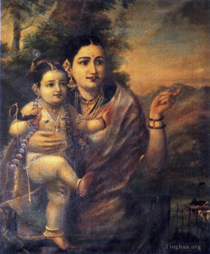 Râja Ravi Varmâ Peinture à l'huile - Yasoda avec Krishna
