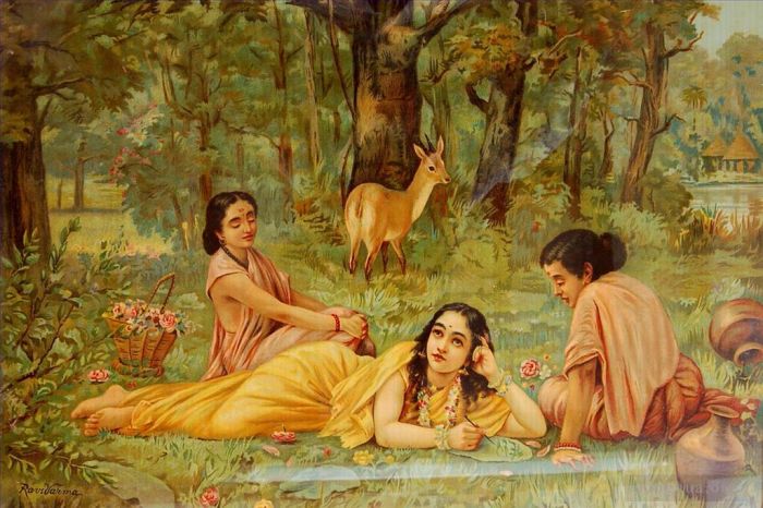 Râja Ravi Varmâ Peinture à l'huile - Cerf et Shakuntala