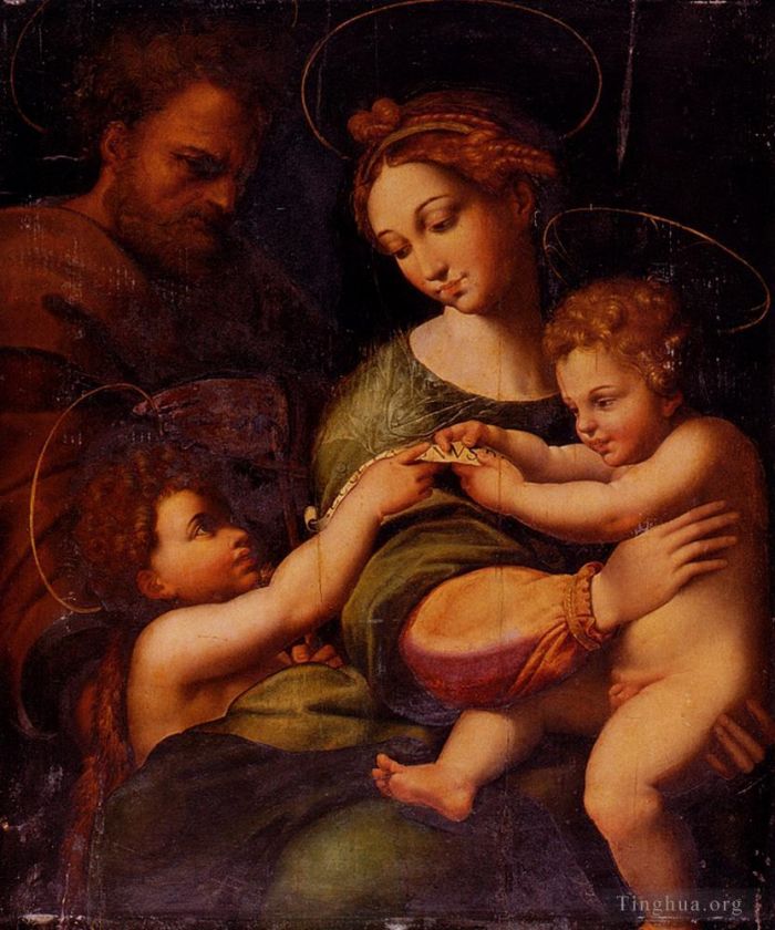 Raphaël Peinture à l'huile - Sainte Famille avec Saint Jean le Baptiste