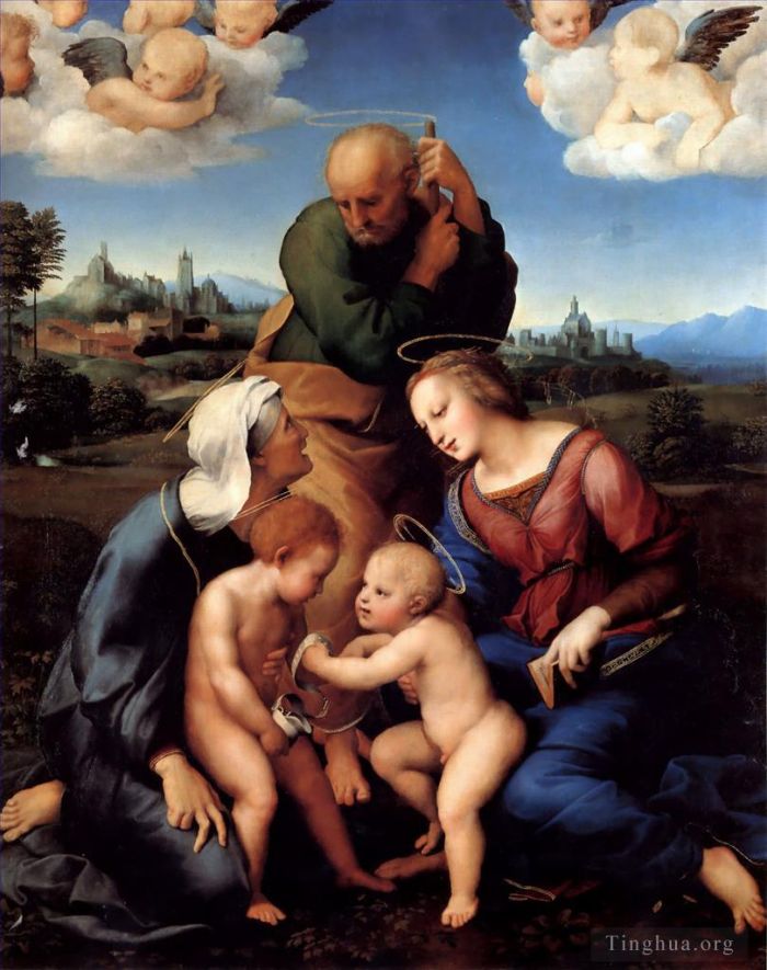 Raphaël Peinture à l'huile - La Sainte Famille avec les saints Elisabeth et Jean