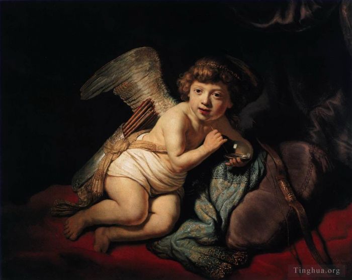 Rembrandt Harmenszoon van Rijn Peinture à l'huile - Cupidon soufflant des bulles de savon