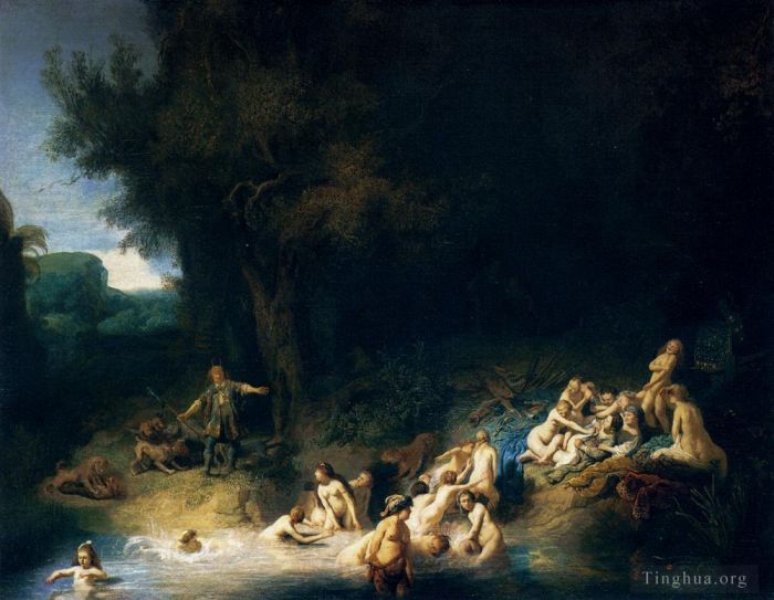 Rembrandt Harmenszoon van Rijn Peinture à l'huile - Diana se baignant avec les histoires d'Actéon et Callisto