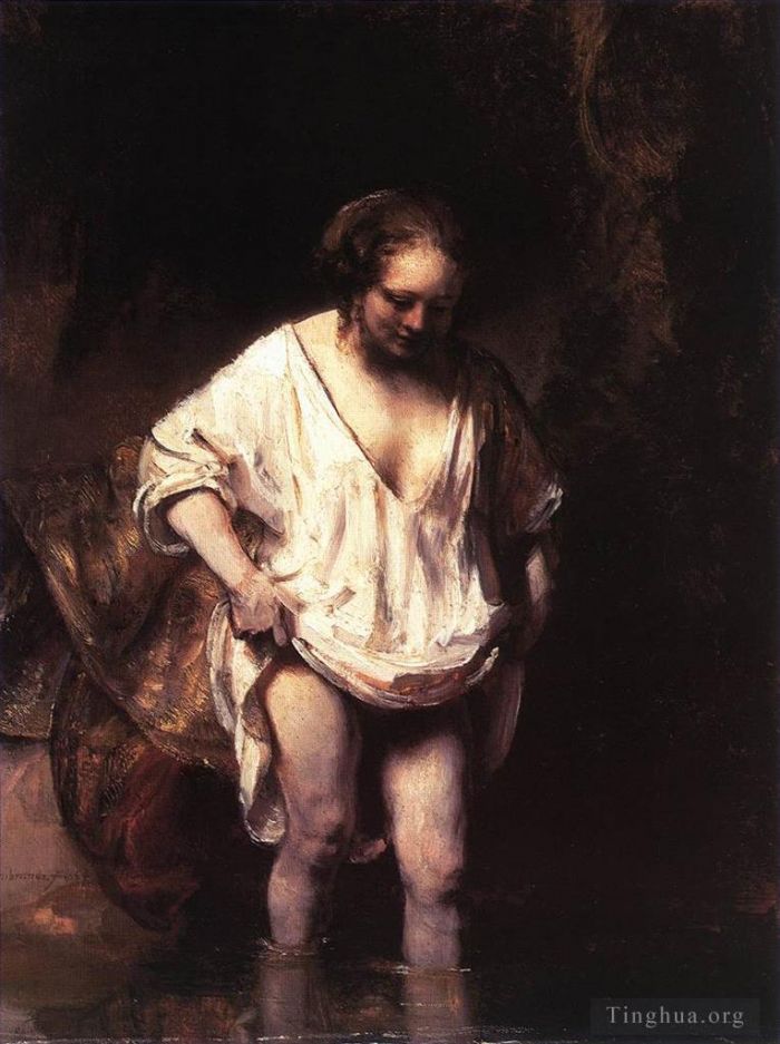 Rembrandt Harmenszoon van Rijn Peinture à l'huile - Hendrickje se baignant dans une rivière