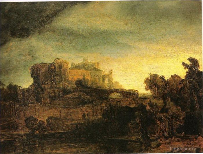 Rembrandt Harmenszoon van Rijn Peinture à l'huile - Paysage avec un château