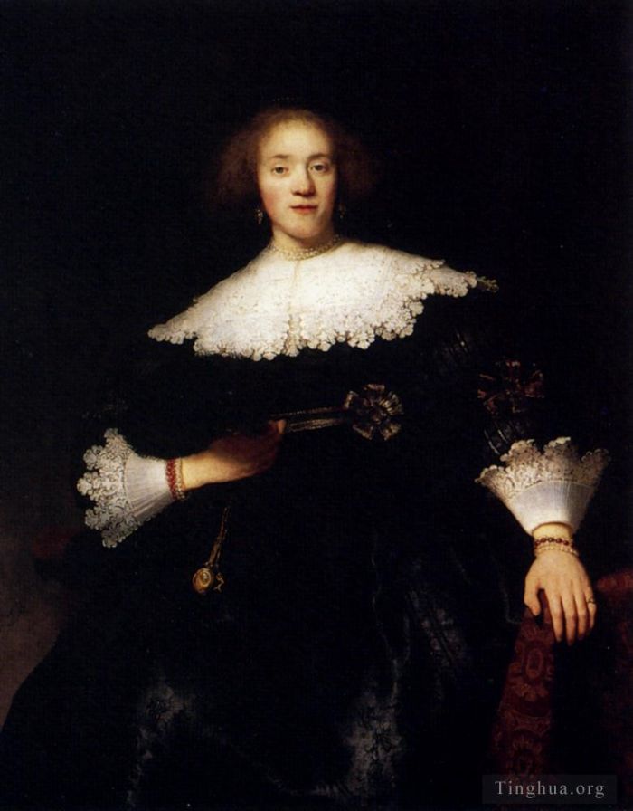 Rembrandt Harmenszoon van Rijn Peinture à l'huile - Portrait d'une jeune femme à l'éventail