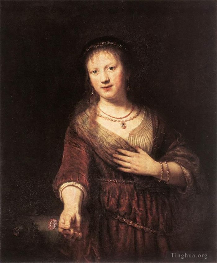Rembrandt Harmenszoon van Rijn Peinture à l'huile - Portrait de Saskia avec une fleur