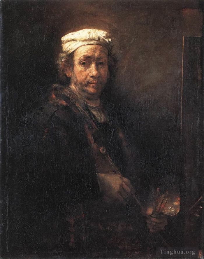 Rembrandt Harmenszoon van Rijn Peinture à l'huile - Portrait de l'artiste à son chevalet 1660