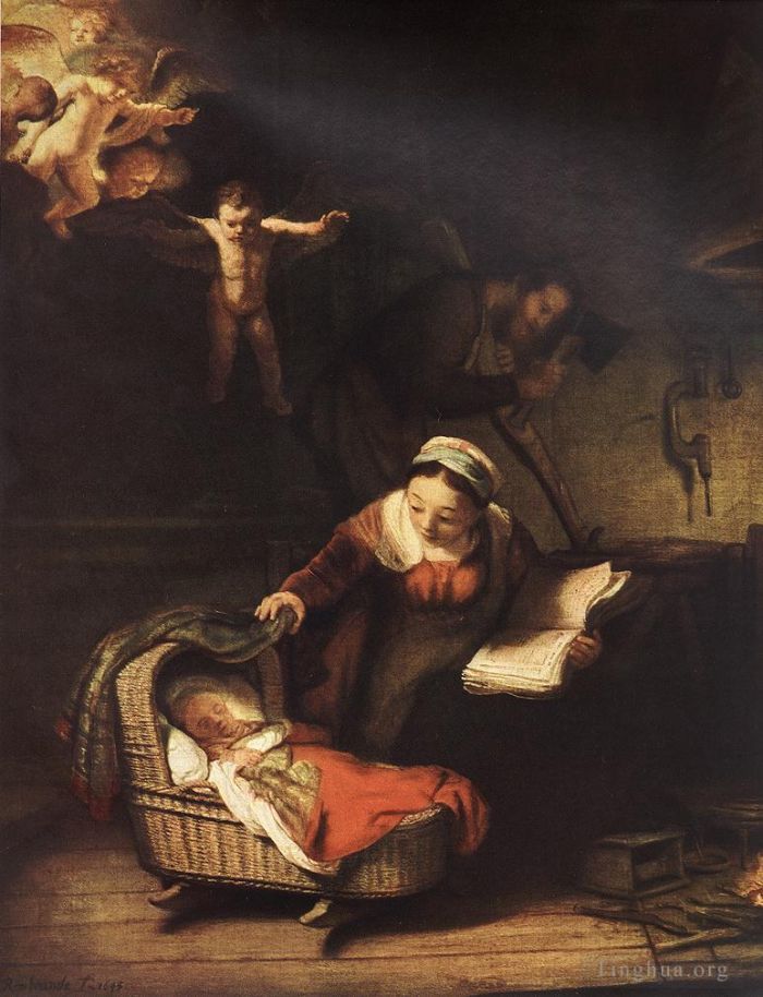 Rembrandt Harmenszoon van Rijn Peinture à l'huile - La Sainte Famille avec les anges