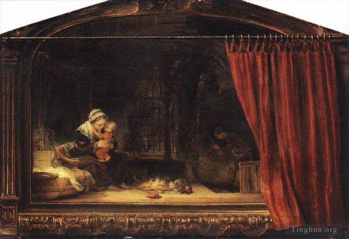 Rembrandt Harmenszoon van Rijn Peinture à l'huile - La Sainte Famille avec un rideau