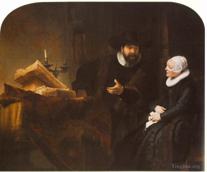 Rembrandt Harmenszoon van Rijn Peinture à l'huile - Le ministre mennonite Cornelis Claesz Anslo en conversation avec son épouse Aaltje