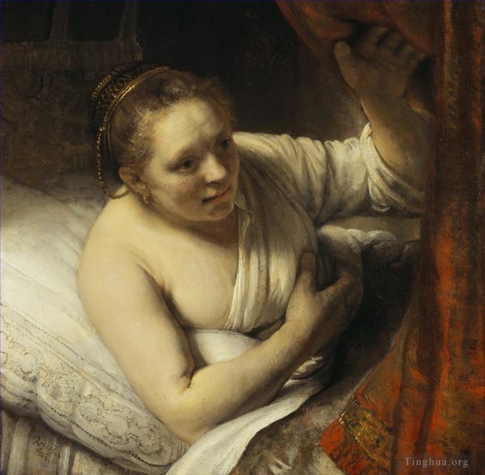 Rembrandt Harmenszoon van Rijn Peinture à l'huile - Femme au lit