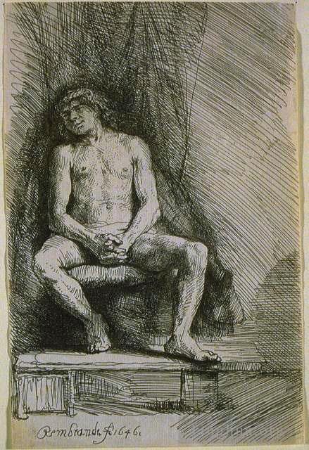 Rembrandt Harmenszoon van Rijn Types de peintures - Etude de l'Homme nu assis devant un rideau SIL