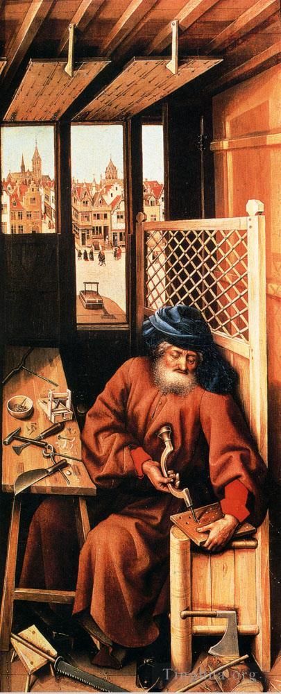 Robert Campin Peinture à l'huile - Saint Joseph représenté comme un charpentier médiéval