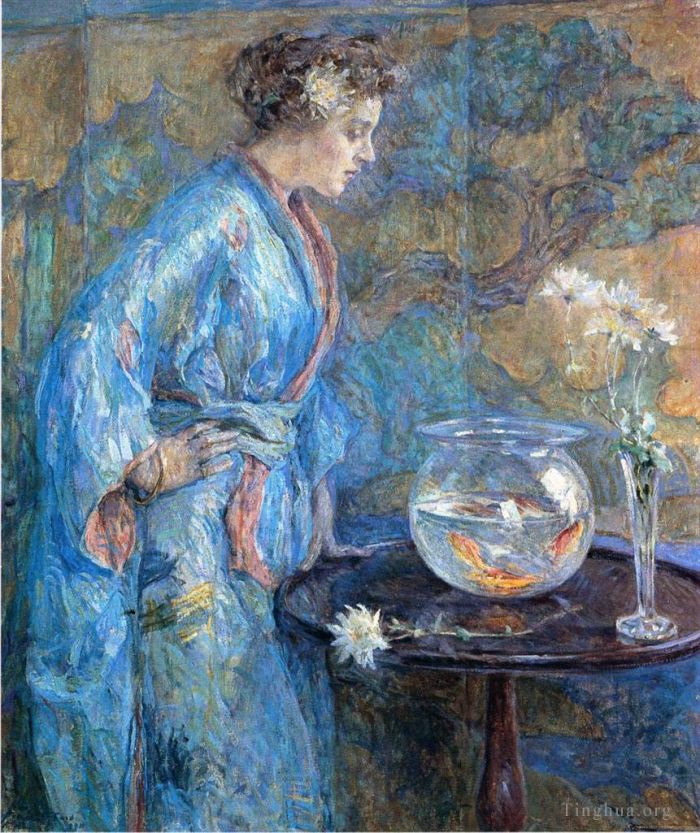 Robert Lewis Reid Peinture à l'huile - Fille en kimono bleu
