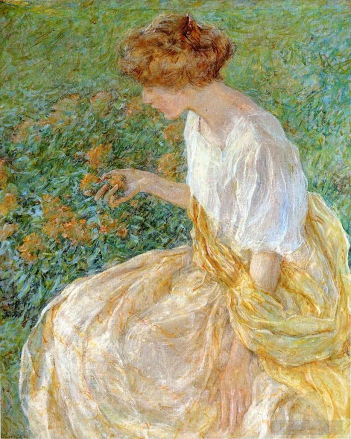 Robert Lewis Reid Peinture à l'huile - La fleur jaune alias la femme de l'artiste dans le jardin