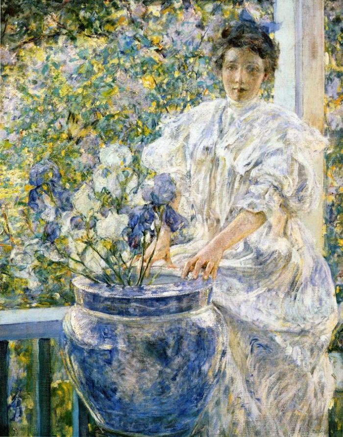 Robert Lewis Reid Peinture à l'huile - Femme sur un porche avec des fleurs