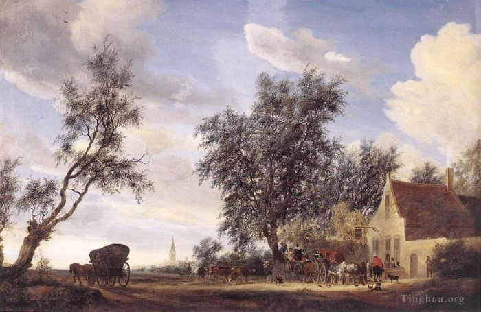 Salomon van Ruysdael Peinture à l'huile - Arrêt dans une auberge