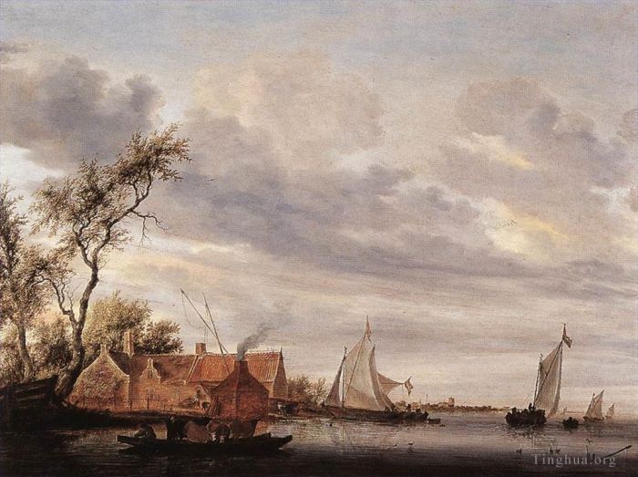 Salomon van Ruysdael Peinture à l'huile - Scène de rivière avec ferme