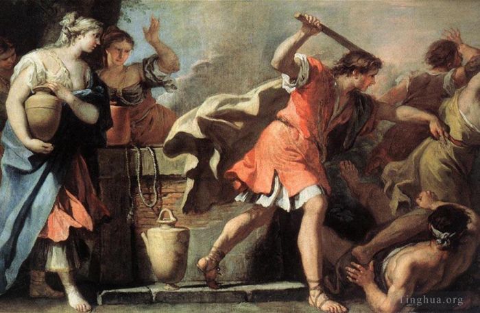 Sebastiano Ricci Peinture à l'huile - Moïse défendant les filles de Jéthro