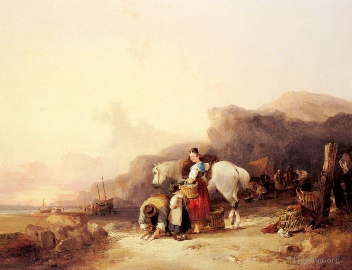 William Shayer Peinture à l'huile - Scène de plage avec des pêcheurs