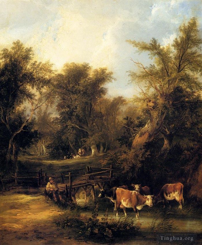 William Shayer Peinture à l'huile - Bétail près d'un ruisseau