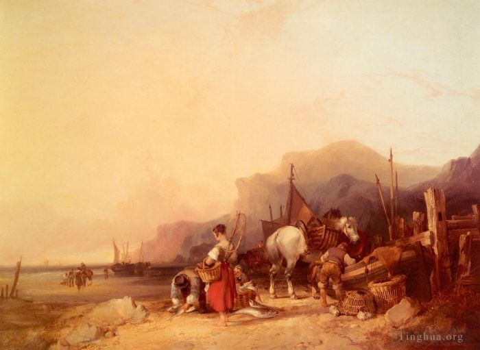 William Shayer Peinture à l'huile - Déchargement des prises près de Benchurch, île de Wight
