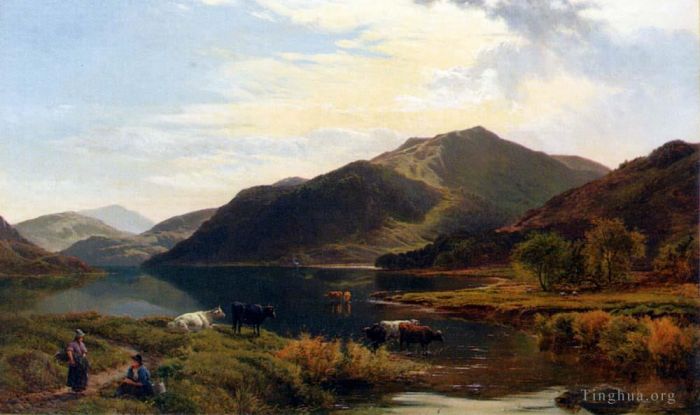 Sidney Richard Percy Peinture à l'huile - Bétail au bord d'un lac