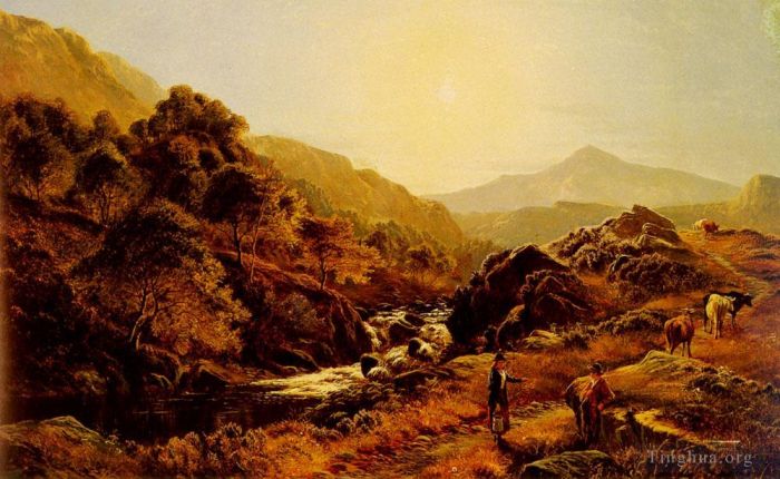 Sidney Richard Percy Peinture à l'huile - Personnages sur un chemin près d'un ruisseau rocheux
