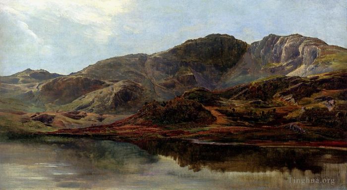 Sidney Richard Percy Peinture à l'huile - Paysage avec un lac et des montagnes au-delà