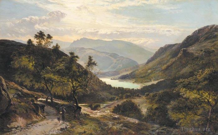 Sidney Richard Percy Peinture à l'huile - Le chemin qui mène au lac du nord du Pays de Galles