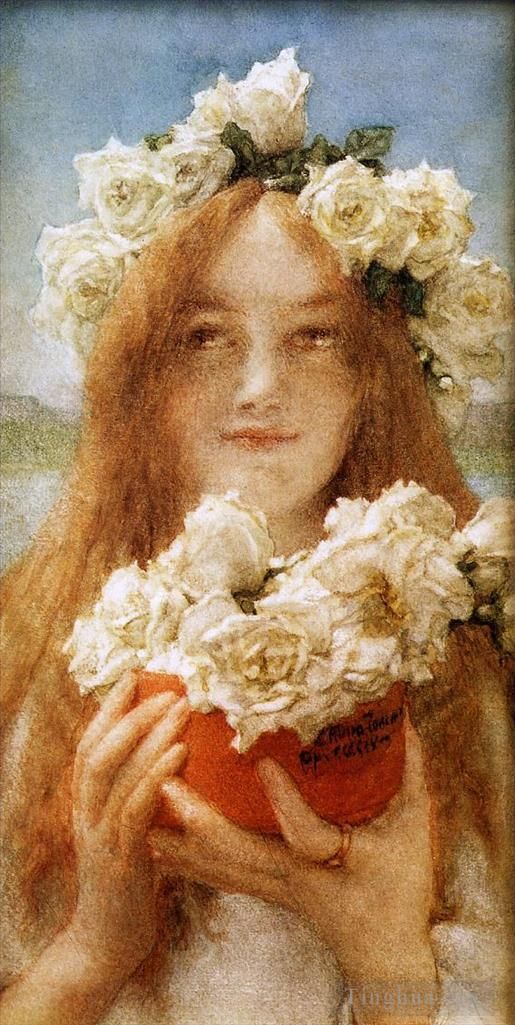 Sir Lawrence Alma-Tadema Peinture à l'huile - Offre d'été Jeune fille avec des roses