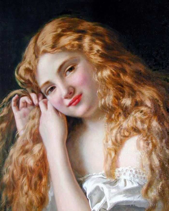 Sophie Gengembre Anderson Peinture à l'huile - Jeune fille réparant ses cheveux