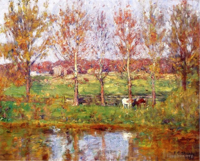 Theodore Clement Steele Peinture à l'huile - Vaches au bord du ruisseau