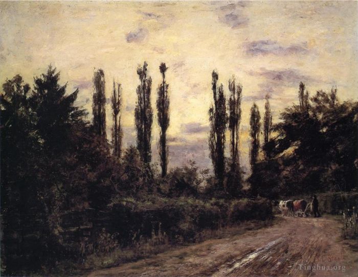 Theodore Clement Steele Peinture à l'huile - Peupliers du soir et chaussée près de Schleissheim