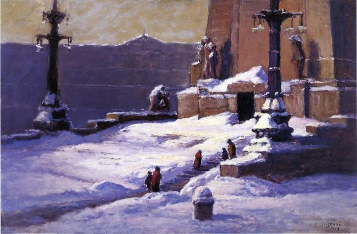 Theodore Clement Steele Peinture à l'huile - Monument sous la neige