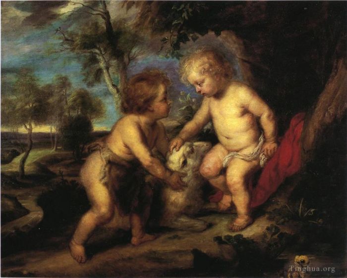 Theodore Clement Steele Peinture à l'huile - L'Enfant Jésus et l'Enfant Saint Jean d'après Rubens impressionniste