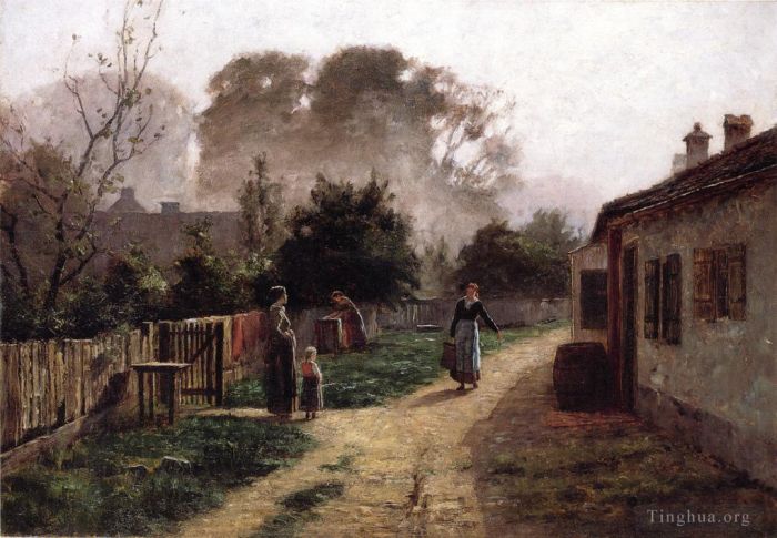 Theodore Clement Steele Peinture à l'huile - Scène de village