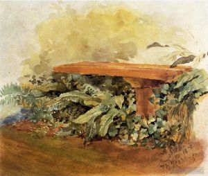Theodore Robinson œuvres - Banc de jardin avec fougères