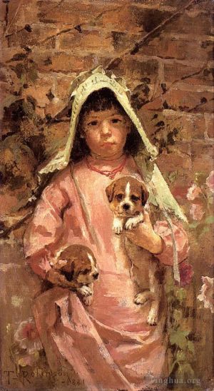 Theodore Robinson œuvres - Fille avec des chiots