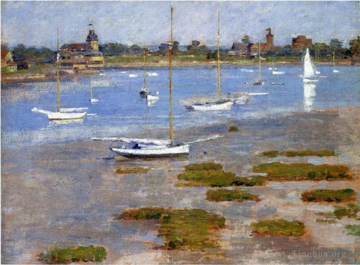 Theodore Robinson Peinture à l'huile - Marée basse Le bateau du Riverside Yacht Club