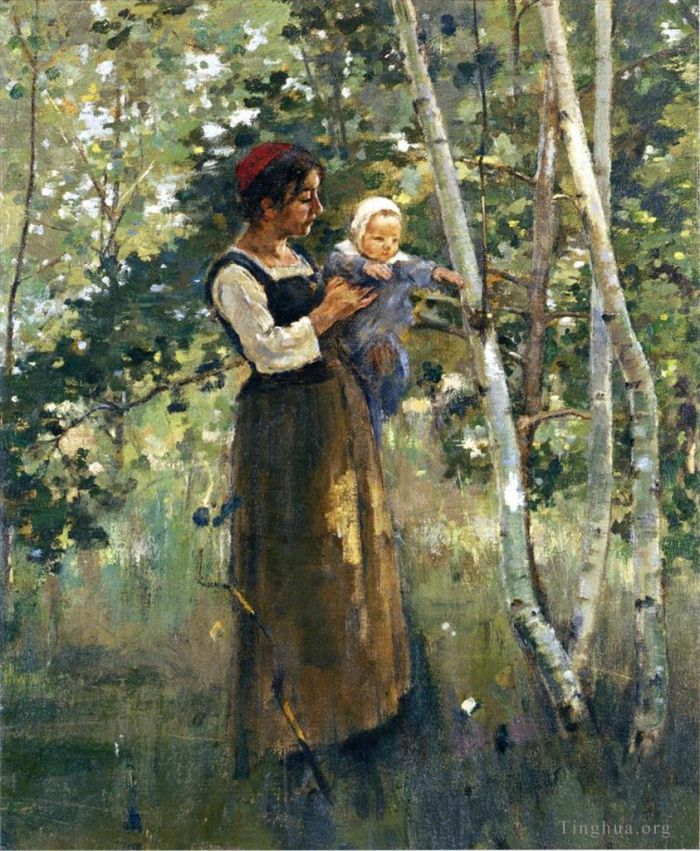 Theodore Robinson Peinture à l'huile - Mère et enfant au coin du feu