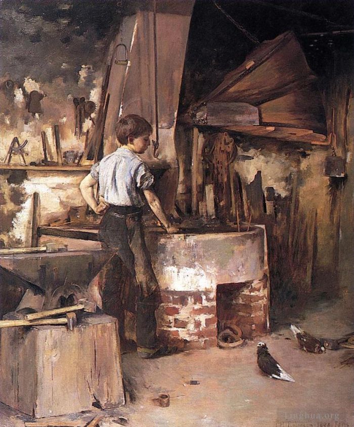 Theodore Robinson Peinture à l'huile - La Forge alias Un apprenti forgeron