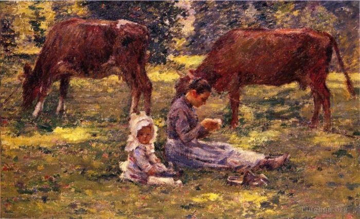 Theodore Robinson Peinture à l'huile - Regarder les vaches