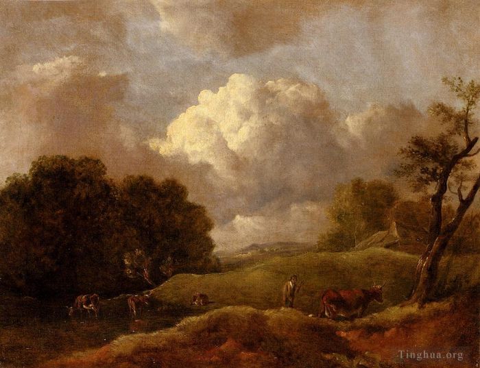 Thomas Gainsborough Peinture à l'huile - Un vaste paysage avec du bétail et un bouvier