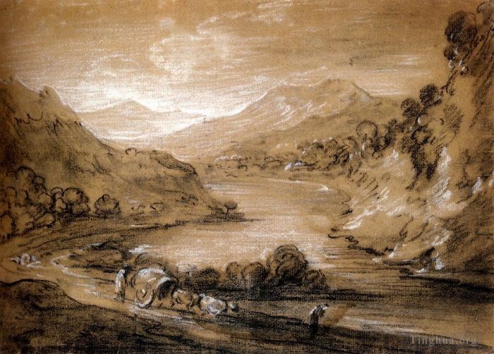 Thomas Gainsborough Peinture à l'huile - Paysage montagneux avec charrette et personnages