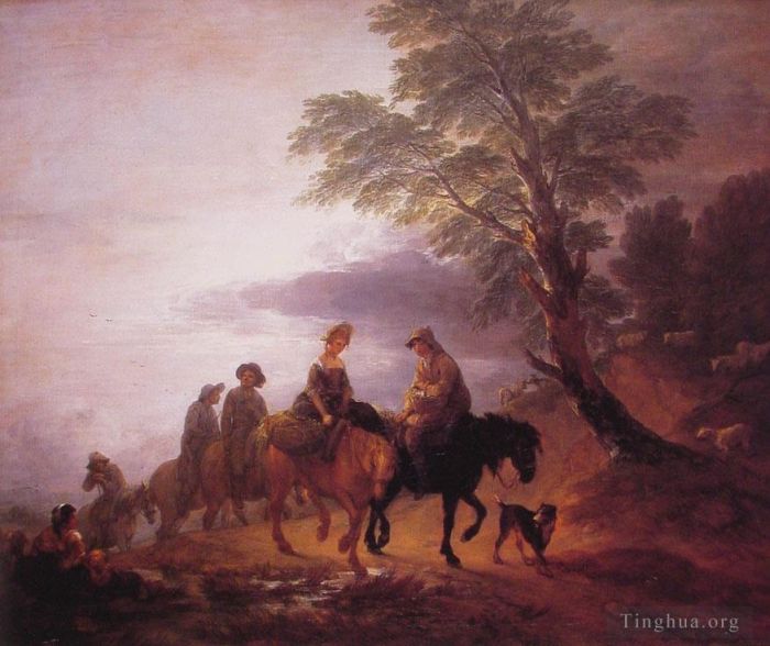 Thomas Gainsborough Peinture à l'huile - Paysage ouvert avec des paysans montés
