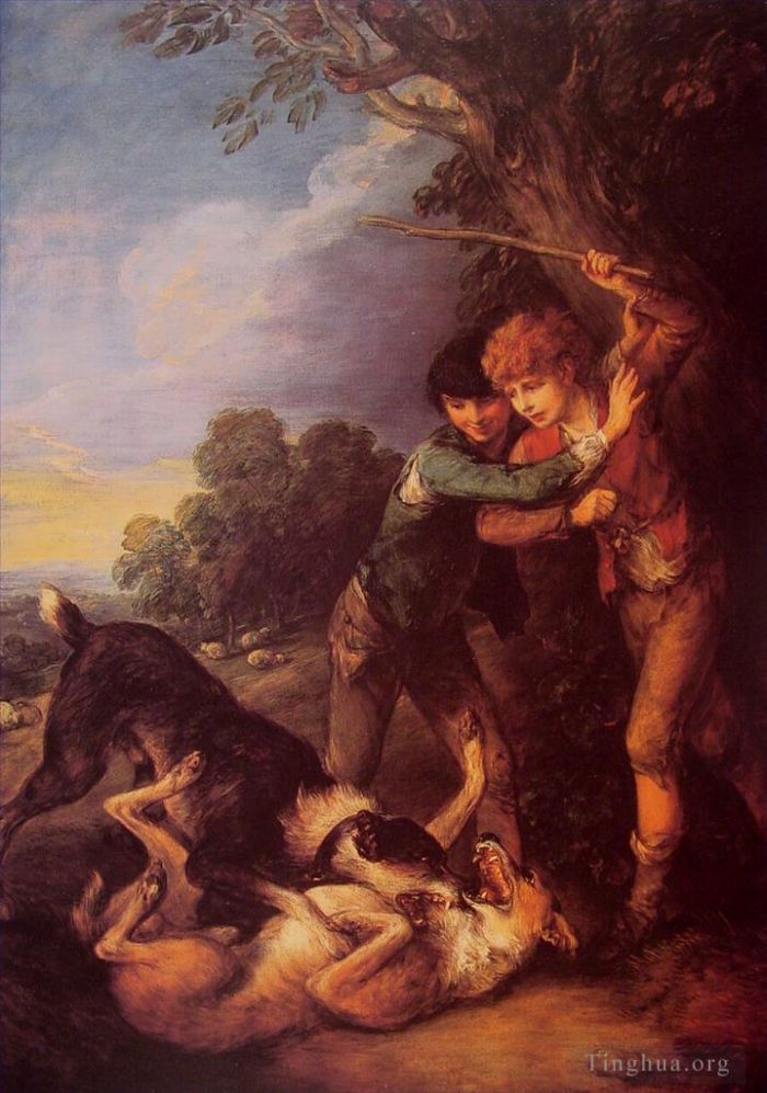 Thomas Gainsborough Peinture à l'huile - Garçons bergers avec des combats de chiens