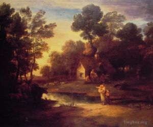 Thomas Gainsborough œuvres - Paysage boisé avec du bétail au bord d'une piscine et d'un chalet