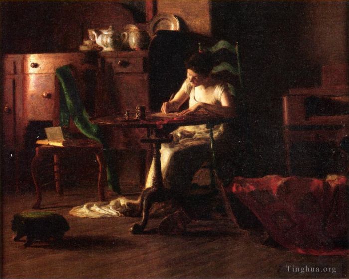 Thomas Pollock Anshutz Peinture à l'huile - Femme écrivant à une table
